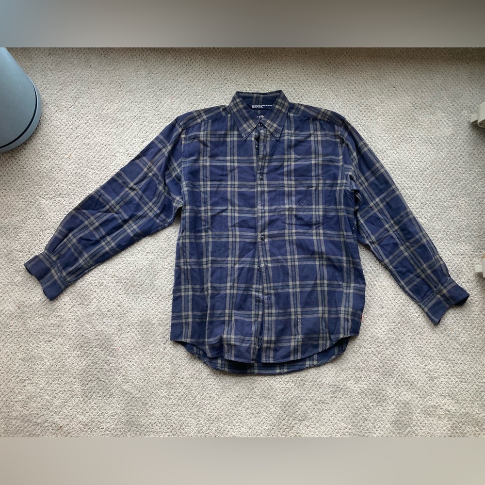 Nautica Men's Navy and Gray Plaid Button-Down Shirt 100% Cotton Size Medium